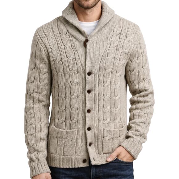 VTG Polo Ralph Lauren Cable Knit Cardigan 80s Shawl Pocket 100% Wool Cream 40 L